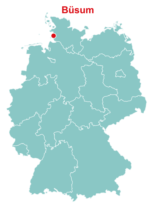 Deutschlandkarte: Büsum ist an der Nordseeküste Schleswig-Holsteins mit einem roten Punkt markiert.