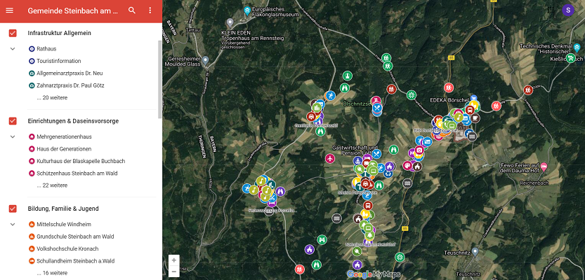Digitale Gemeindekarte von Steinbach am Inn mit wichtigen Freizeitangeboten