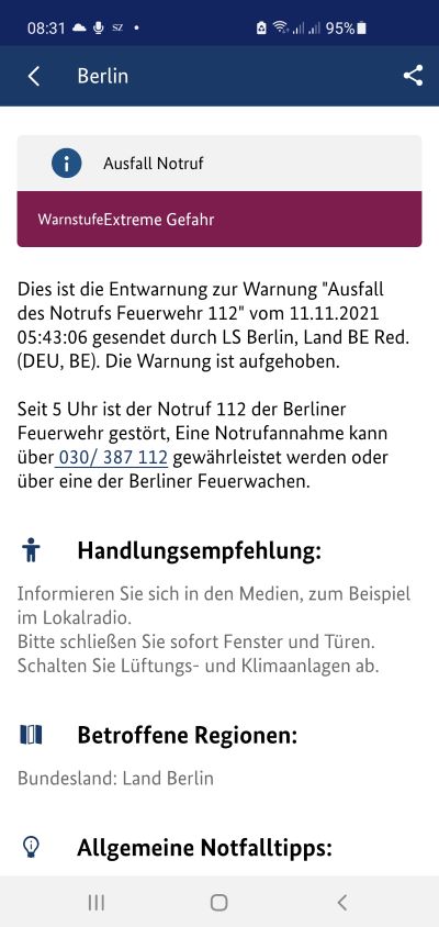 Screenshot NINA Berlin Warnung