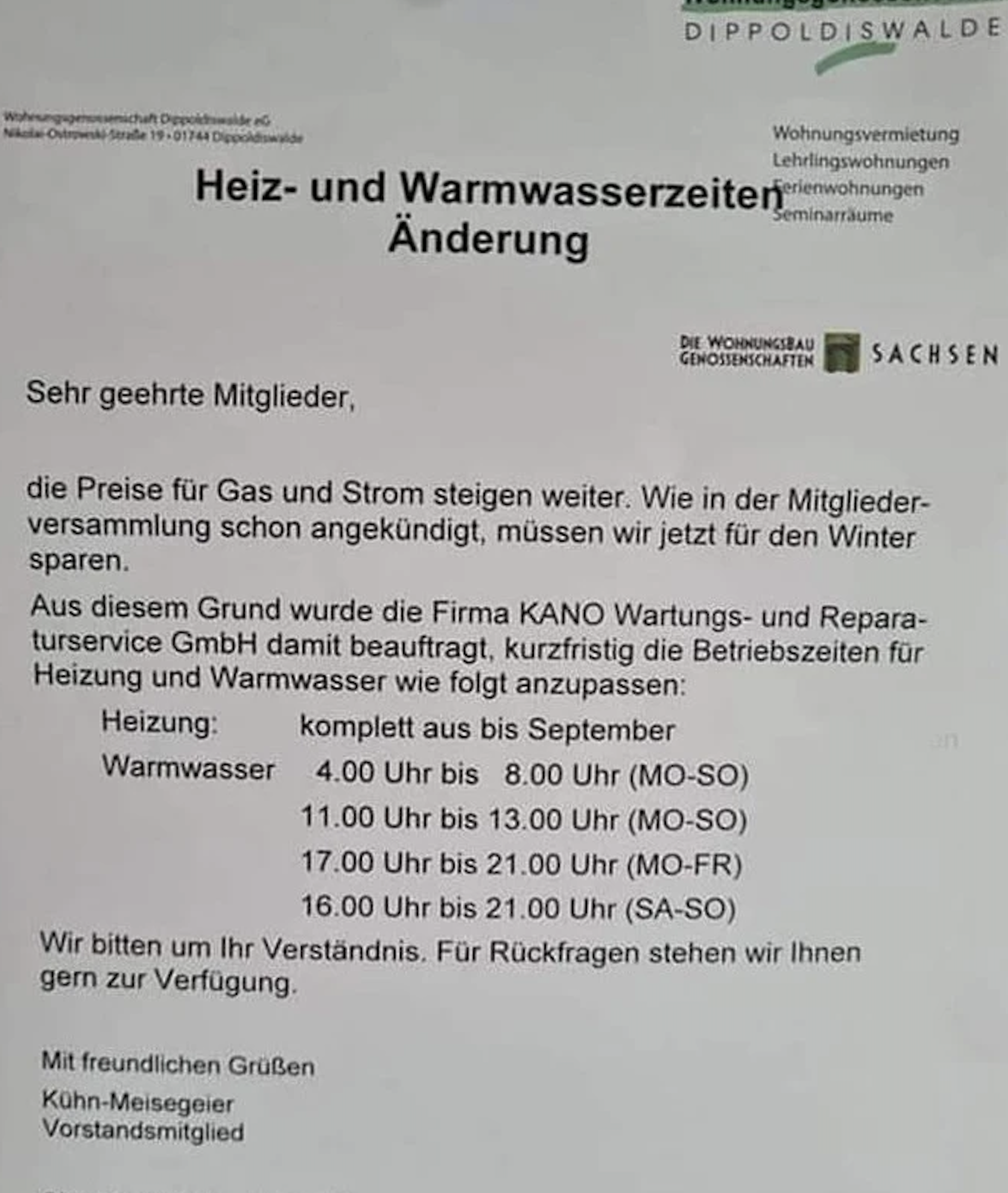 Warmduschen nach Zeitplan - Auszug aus dem Brief der Wohnungsgesnossenschaft Dippoldiswalde