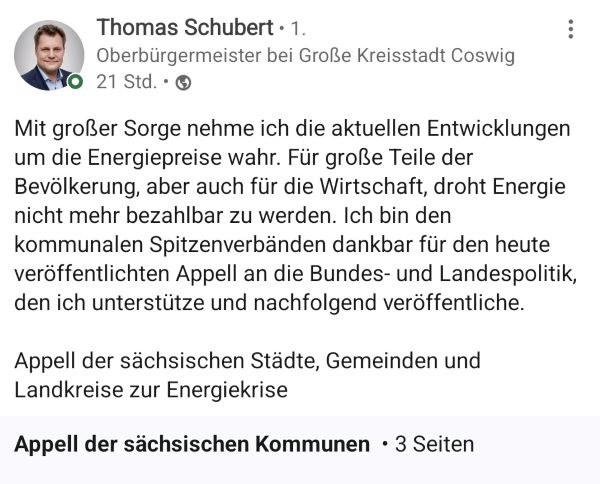 Screenshot Oberbürgermeister von Coswig in sozialen Medien