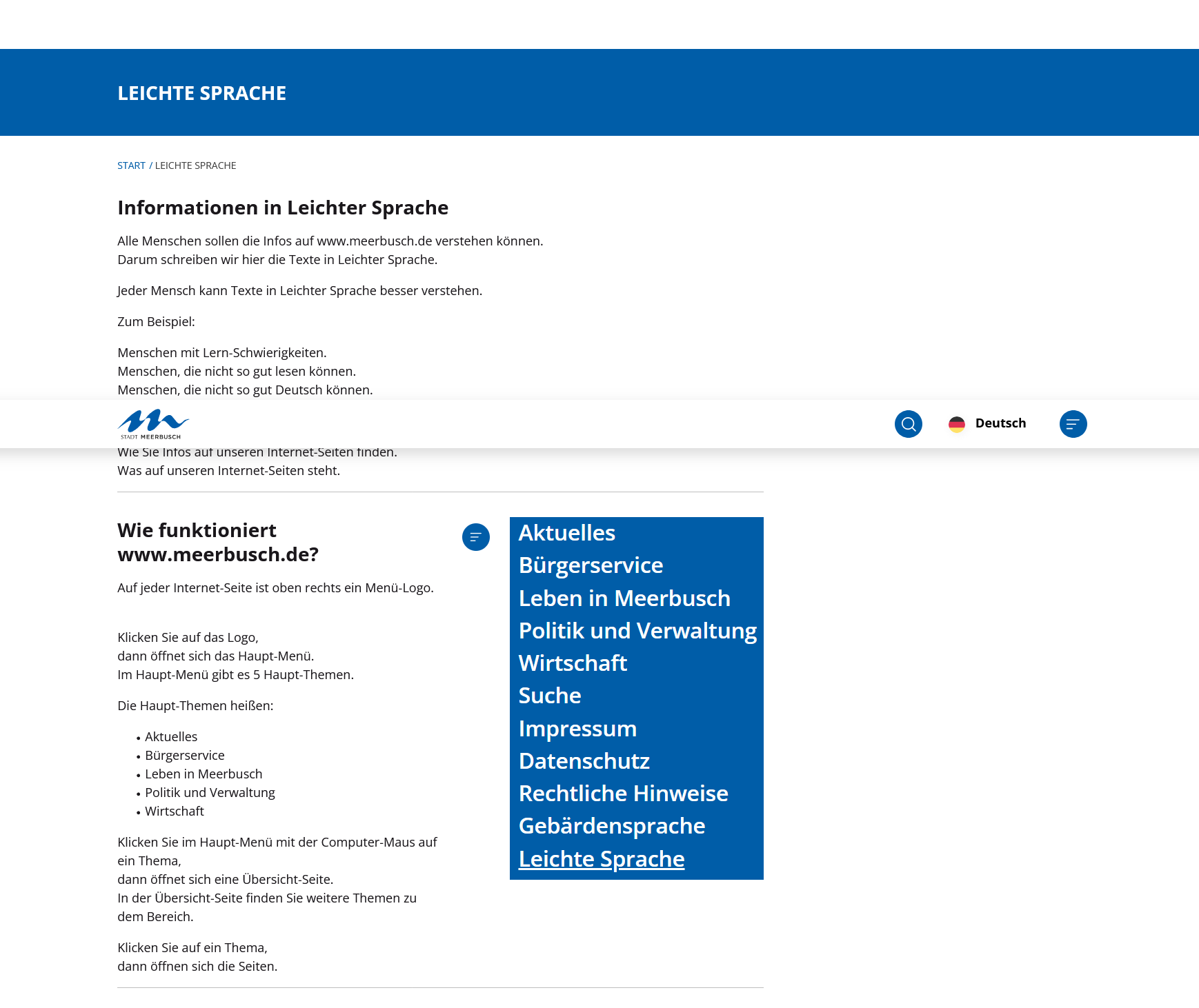 Meerbusch barrierefreie Homepage Screenshot