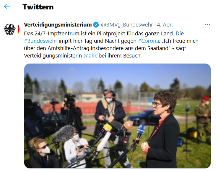 Tweet Bundeswehr Impfzentrum Lebach Kramp-Karrenbauer