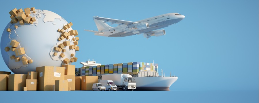 Flugzeug, Schiff, Transporter - Logistik Symbolbild