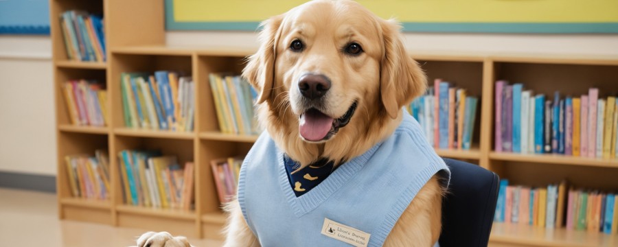 Vorlesehund in Bibliothek (mit Krawatte), KI