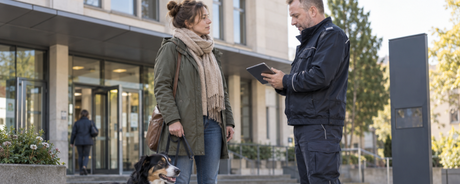 Hundehalter mit Hund vor einem Rathaus – NRW diskutiert über einen verpflichtenden Hundeführerschein