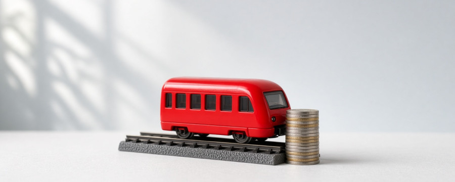Ein roter Modell-Regionalzug steht auf einem kurzen Gleis, das vor einem Stapel Euro-Münzen endet.