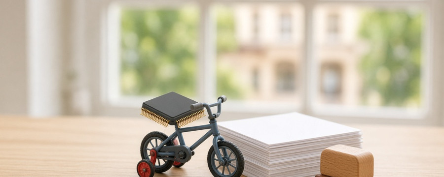 Ein Computerchip sitzt auf einem Kinderfahrrad mit Stützrädern, daneben liegen ein Stapel Formulare und ein Stempel.