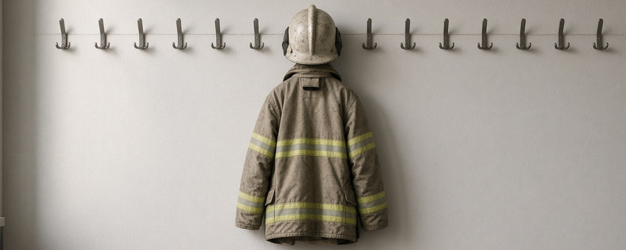 Eine lange Reihe leerer Garderobenhaken an einer hellen Wand, nur an einem hängen ein Feuerwehrhelm und eine Einsatzjacke.