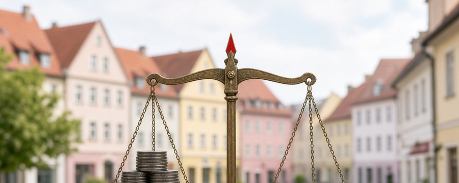 Alte Messingwaage auf einem Holztisch vor einem hellen Marktplatz: die linke Schale ist mit Münzstapeln schwer beladen, die rechte fast leer; die Waagenspitze ist rot.