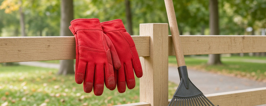 Rote Arbeitshandschuhe hängen über einem hellen Holzzaun, daneben lehnt ein Laubrechen; dahinter ein herbstlicher Park.