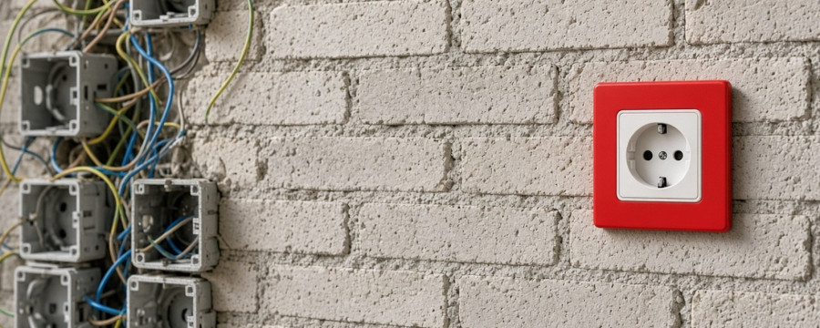 Unverputzte helle Ziegelwand im Neubau: links mehrere offene Unterputzdosen mit Kabelgewirr, rechts eine einzelne Steckdose mit rotem Rahmen.