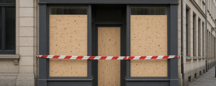 Mit hellen Holzplatten verbarrikadierte Ladenfront in einer leeren Innenstadtstraße, davor ein rot-weißes Absperrband.