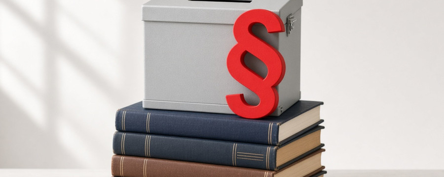 Eine graue Wahlurne steht auf einem Stapel Gesetzbücher, daneben lehnt ein großes rotes Paragrafenzeichen.