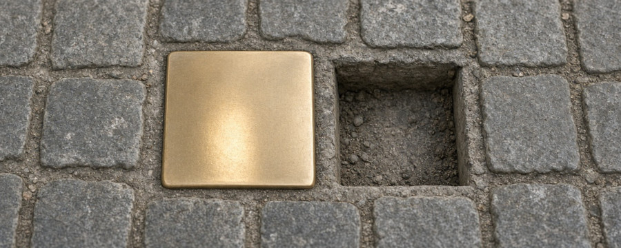 Ein Messing-Stolperstein im grauen Kopfsteinpflaster, direkt daneben eine leere Lücke im Pflaster.