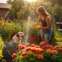 Landleben Frau mit Hund im Garten