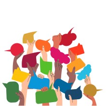 Viele Hände mit Sprechblasen