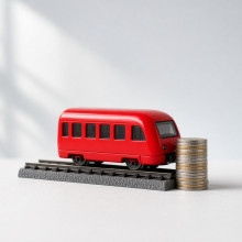 Ein roter Modell-Regionalzug steht auf einem kurzen Gleis, das vor einem Stapel Euro-Münzen endet.