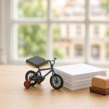 Ein Computerchip sitzt auf einem Kinderfahrrad mit Stützrädern, daneben liegen ein Stapel Formulare und ein Stempel.